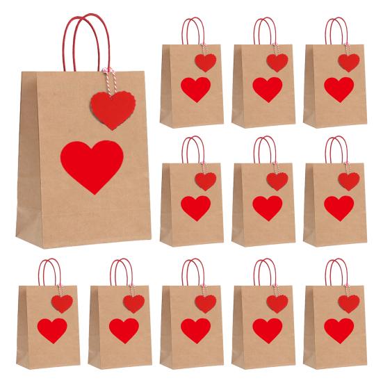 Krafts Paper Bags Red Heart Design Eco-Friendly Gift Bags with Heart Tags And Hemp Rope Gift Packaging for Weddings Birthdays Mother's Day Party