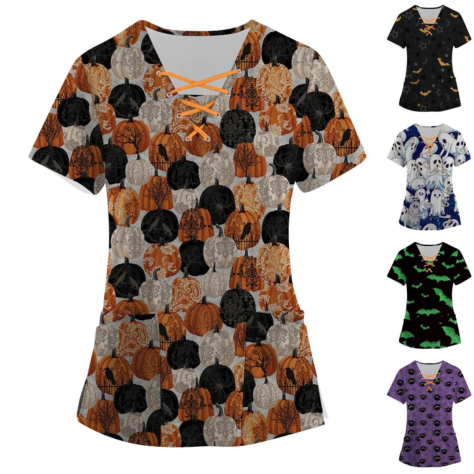 

Женские топы с короткими рукавами и v-образным вырезом с принтом на Хэллоуин, рабочая форма, карманная блузка