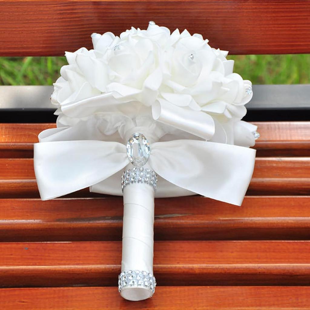 CUIWEI Wedding Bouquets for Bride & Bridesmaid - Hand Roses & Silk Roses Crystal Diamond Artificial Flowers for Wedding Parties, Churches (White)