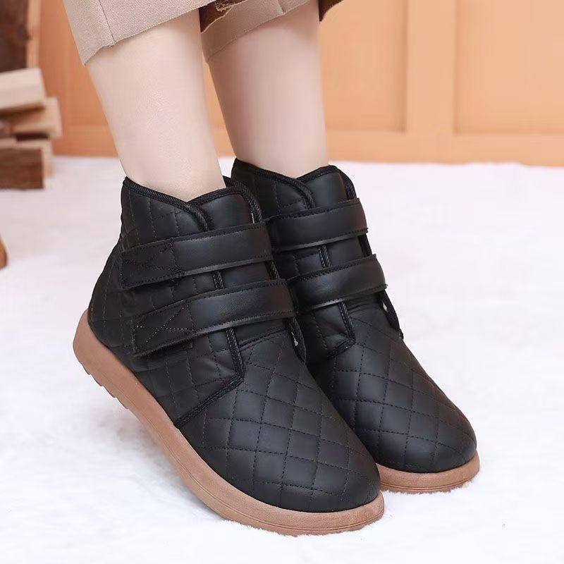 Women s Winter Leather Flat sole Ankle Snow Boot Thick Sole Non Slip Waterproof Plush Warm Velcro Elderly High Top Cotton Shoes 36 чёрный