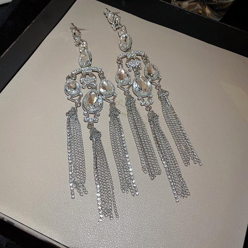 Silver Needle Diamond Flower Water Drop Tassel Earrings Exaggerated Earrings Light Luxury Premium Earrings Women