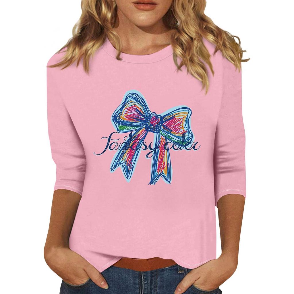 Women's Fashionable Casual Three Quarter Sleeve Printed Collar Pullover Top