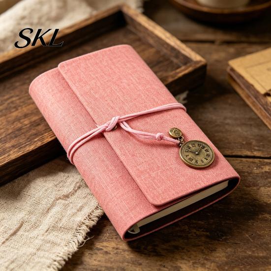 Faux Leather Notebook Writing Journal Notebook, 6 Ring Loose Leaf Binder, 7 Retro Pocket Clock Decoration Inch Diary Sketchbook with Pendant