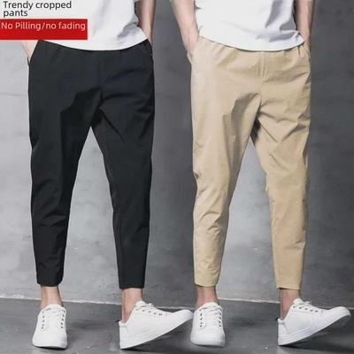 Calças Casuais Masculinas de Seda Gelada Elástica Slim-Fit Nove Pontos para o Verão - Estilo Coreano Tendência Roupa Esportiva
