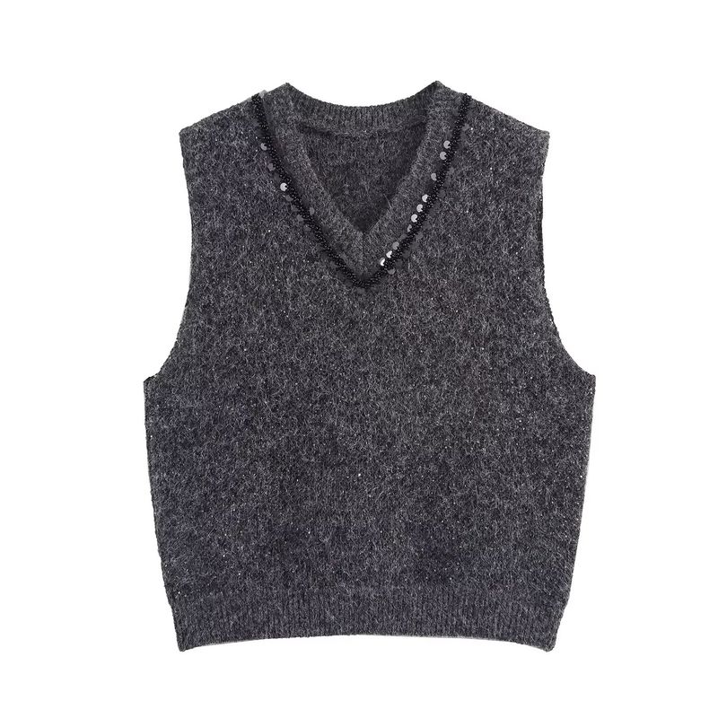 Kaslead New Women Clothes Western Style Simple and Versatile Sequined Neckline Decoration Knit Vest