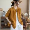Johnature Women Vintage Shirts Tops Summer Chinese Style Solid Color Blouses Short Sleeve Pockets Female Shirts