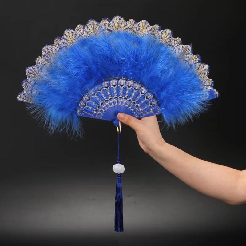 Embroidered Flower Feather Fan Vintage Hand Fan for Costume Dancing Handheld Folding Fan Performances Wedding Party