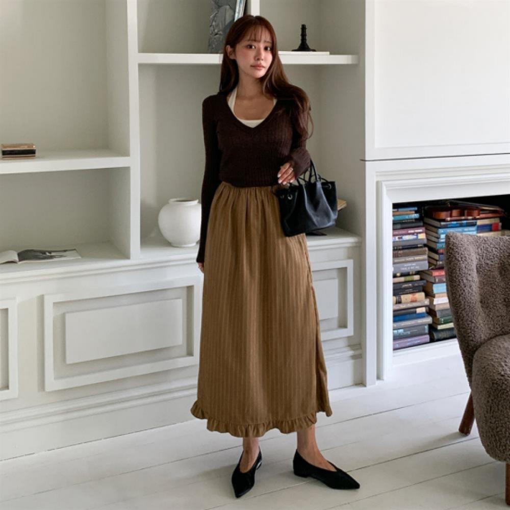 New Arrivals Open Run Women Stripe Frill Flare Long Skirt