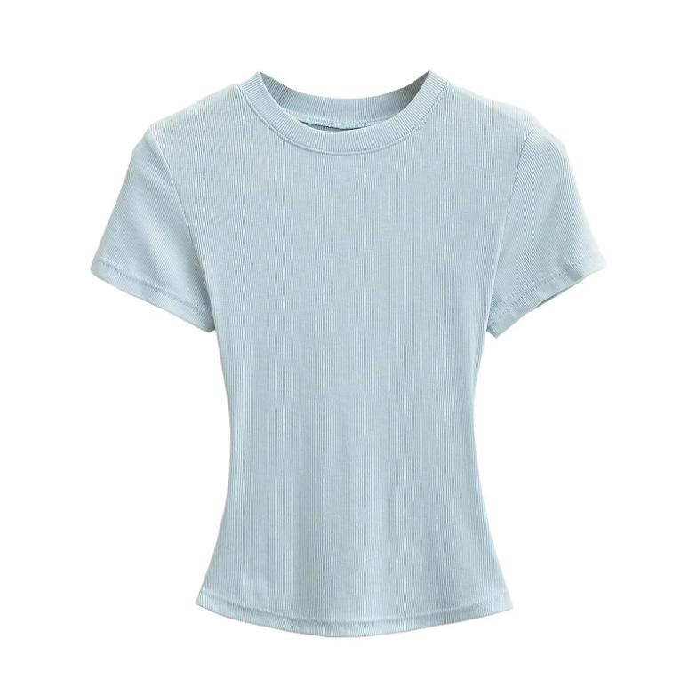 Summer New Female American Spice Girl Solid Color Crew Neck Short Sleeve T-Shirt Basic Threaded Bottom Top