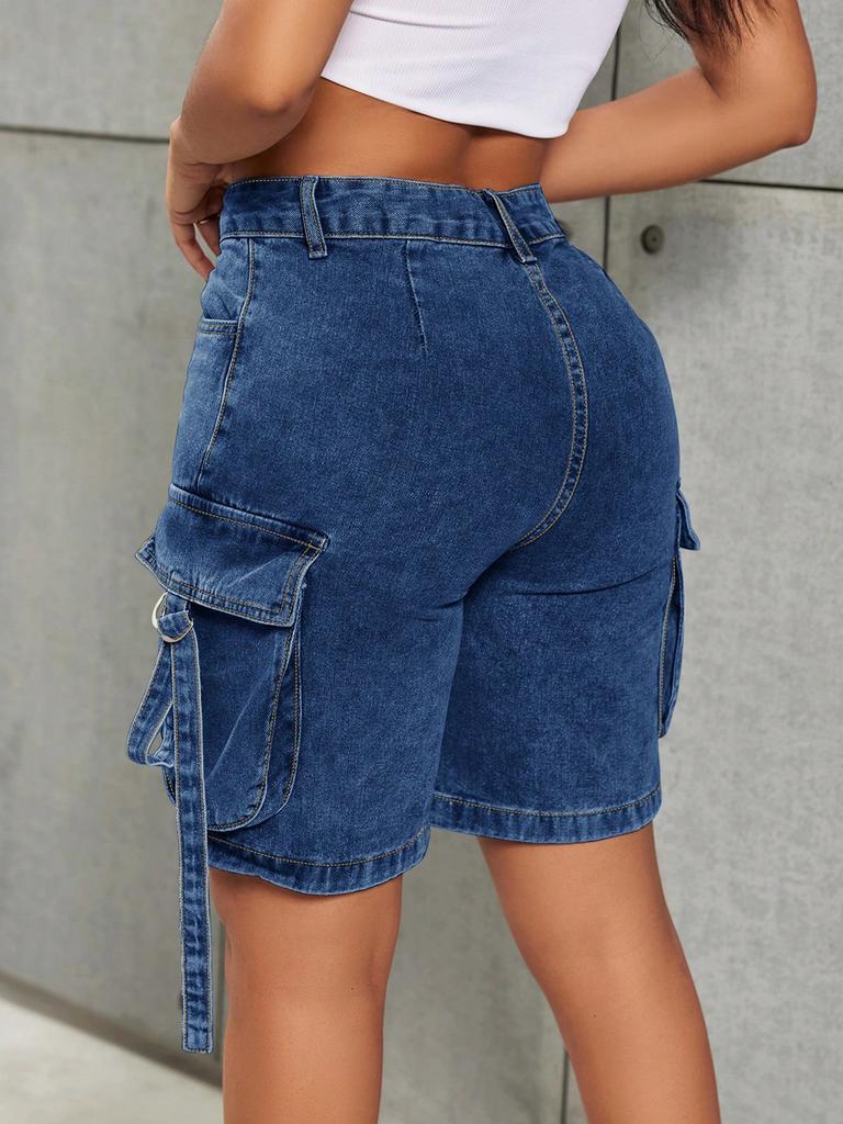 Rose Beauty A Y2K Street High Waist Flap Pocket Tape Detail Work Cargo Denim Bermuda Wide Leg Jean Shorts Summer Comfy Trendy Jorts
