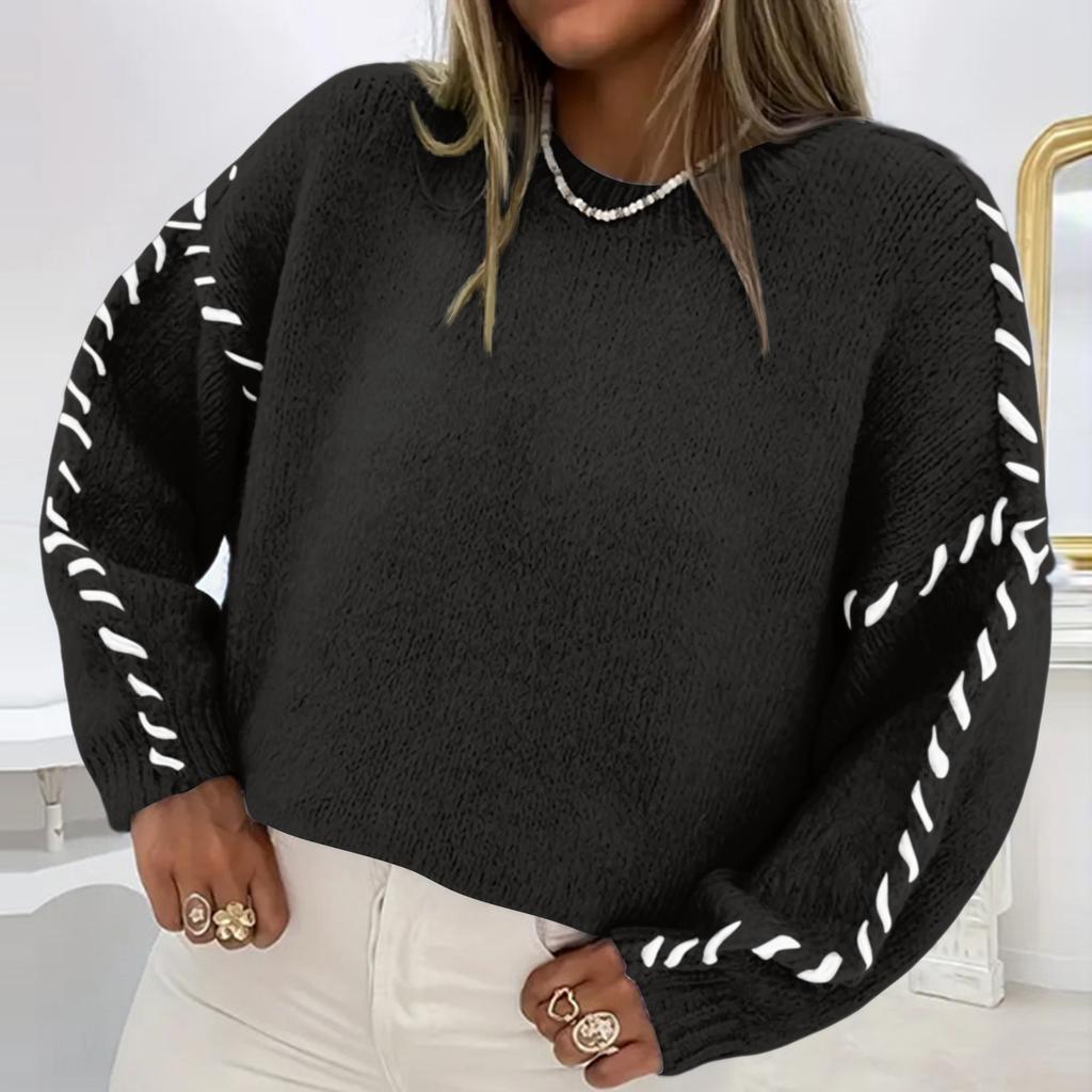 Ladies' Color Blocking Loose Casual Round Neck Knitted Sweater Long Sleeved Sweater Top