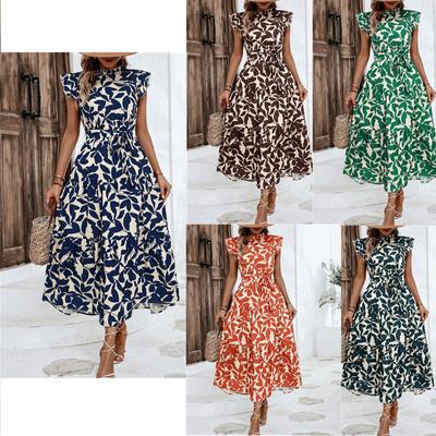 Women Dress Shirring Flying Sleeve Color Leaf Matching Print Lace-up Tight Waist Stand Collar A-line Big Swing Pleated Patchwork Hem Prom Party Dating
