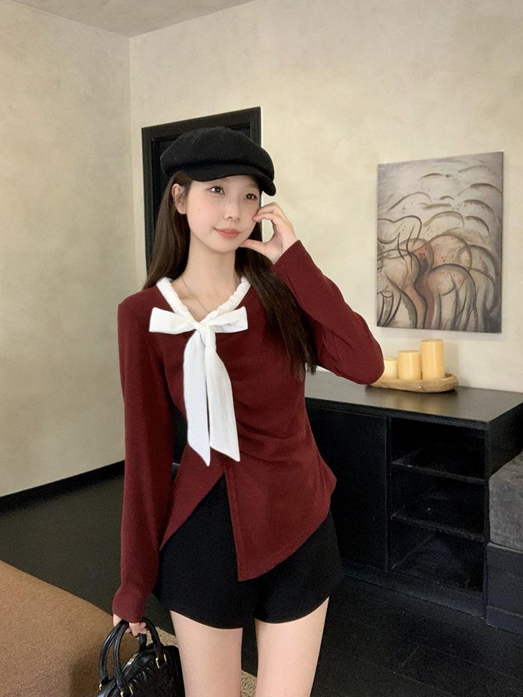 Plus Size Women s Sweet Color Block Bow Long Sleeve Top XL