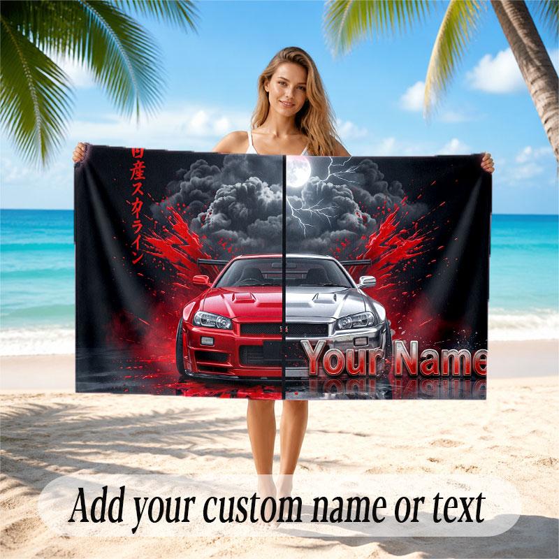 Car Racing Theme Beach Towel Personalized Custom Name & Text Soft Quick Dry Beach Towel for Swimming Travel