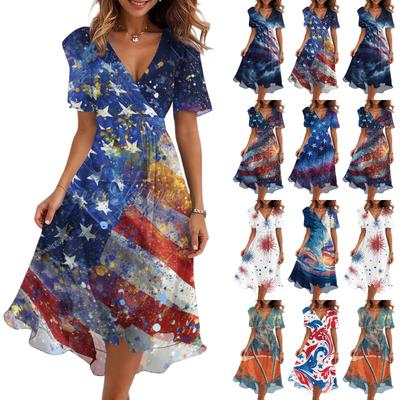 Damen Lässiges V-Ausschnitt Kurzarm Unabhängigkeitstag Print Kleid