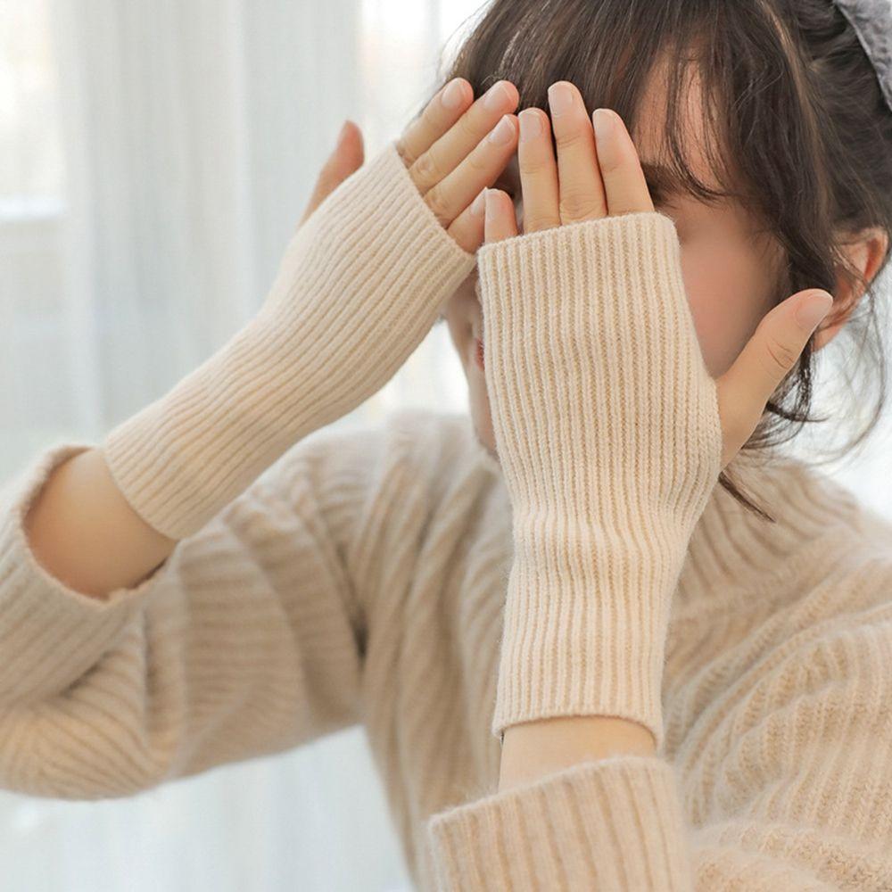 Solid Color Elastic Autumn And Winter Knitted Mittens Female Gloves Half-finger Gloves Plus Velvet