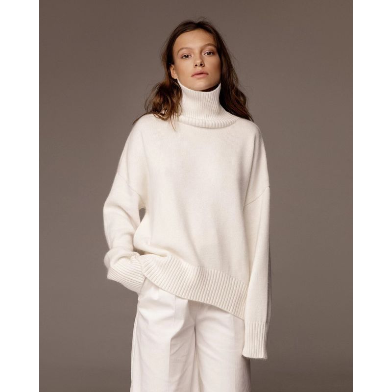 

Fashion Wind Autumn and Winter Loose Knitwear Turtleneck Sweater High Neck Loose Knitted Sweater White S