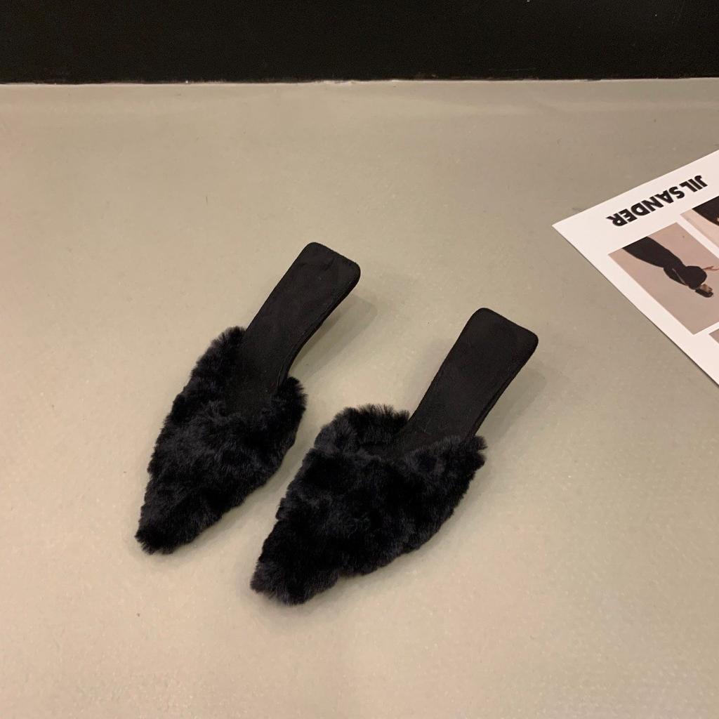 2024 Autumn New Slippers Women's Fashion Temperament Beautiful Color Fluffy Half Slippers Women's Fine Heel High Heel Bag Head Drag
