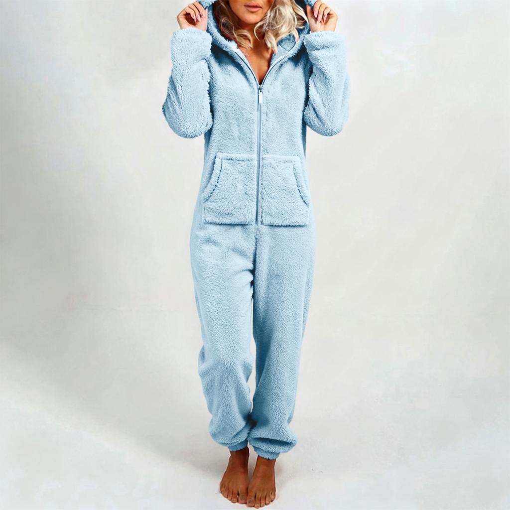 Women's Fashion Fleece-Lined Thickened Fleece Hooded Pyjamas With Zip-Up Onesie