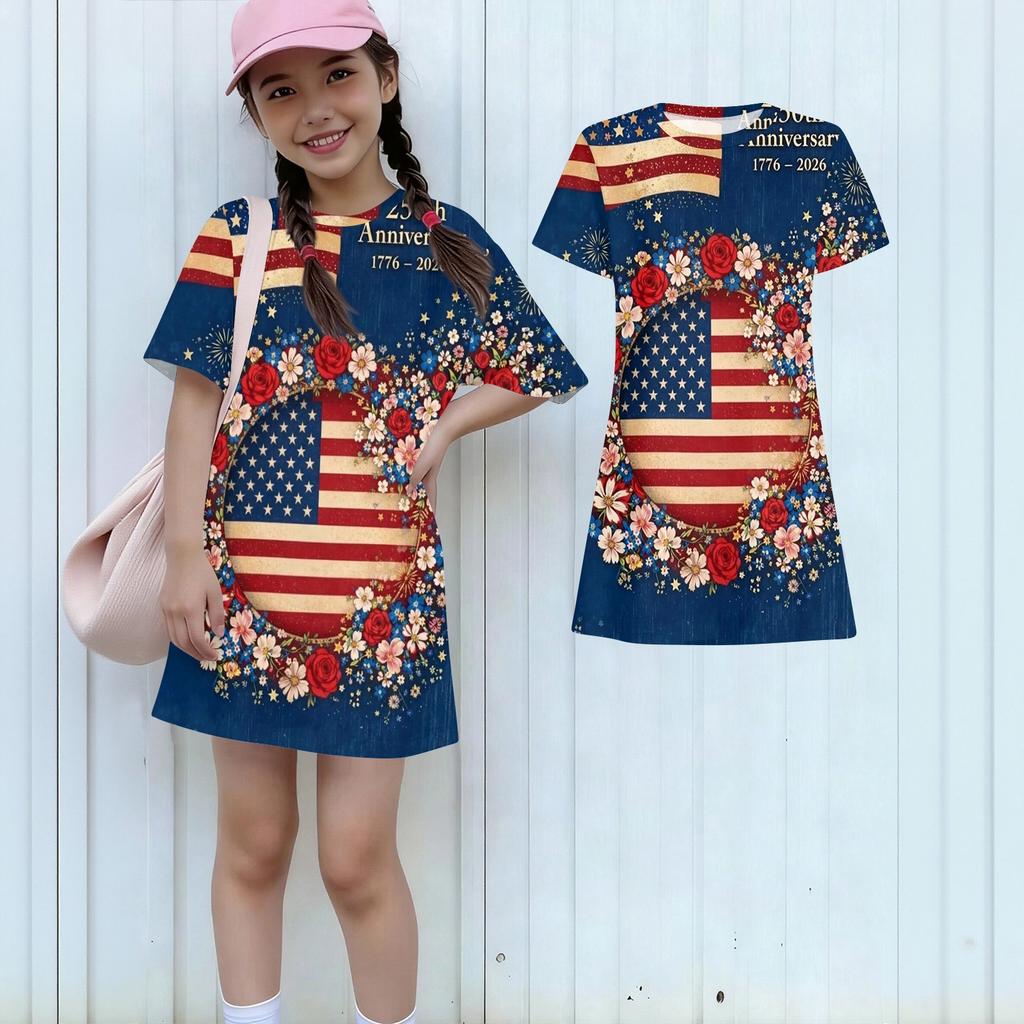 Girls Independence Day Print Casual Dress Kids Loose Round Neck Short Sleeve Thin Sundress