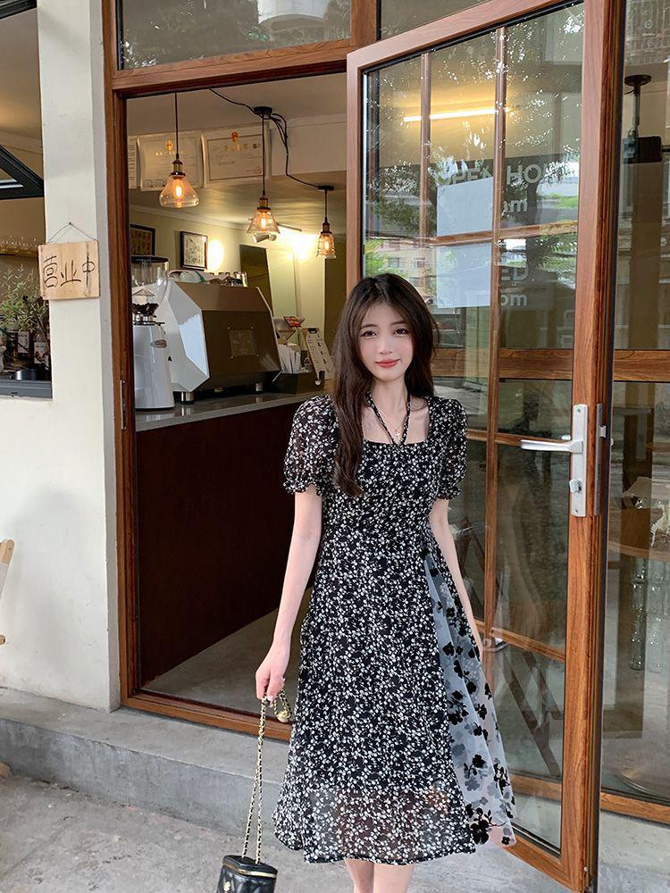 Women's Plus Size Floral Midi Dress, French Retro Style with Mesh Spliced Skirt