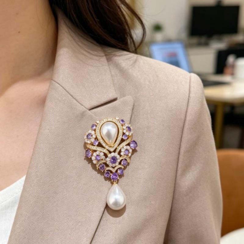 Fashionable Violet Pearl Pendant Luxurious Rhinestone Inlaid Brooch Charming Jewelry Accessories For Banquet Dresses Gifts