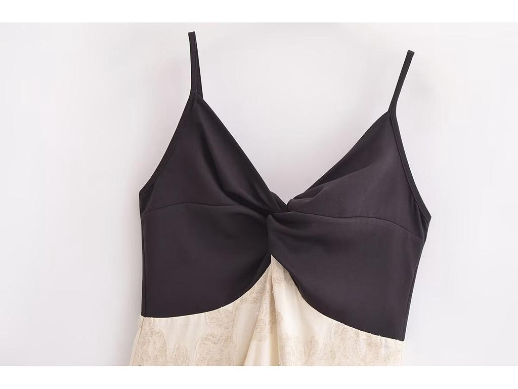 Rochie Lungă de Primăvară 2025 pentru Femei, Stil European și American, Color Block Jacquard, cu Bretele Spaghetti