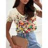 Summer Women's New Casual, Simple and Versatile Color 3D Printed V-neck Short Sleeved T-shirt