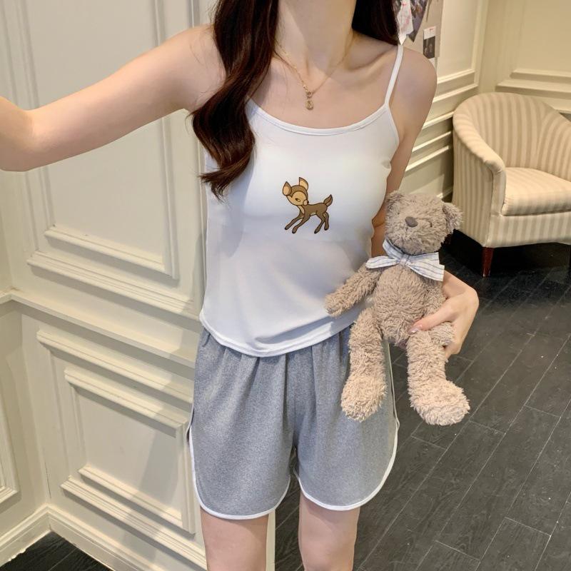 Women's Cartoon Camisole Tank Top Pajamas Set with Chest Pads - Summer Home Wear for Girls with Shorts