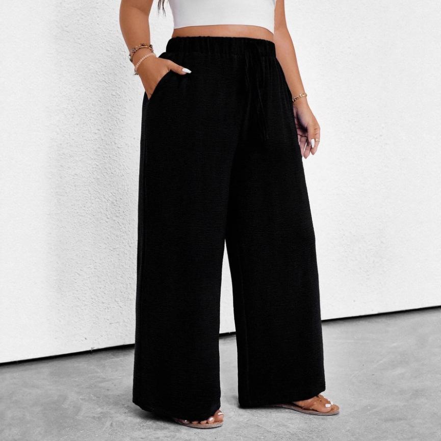 Women High Waisted Wide Leg Pants Casual Elastic Waist Drawstring Loose Fit Solid Color Trousers with Pockets