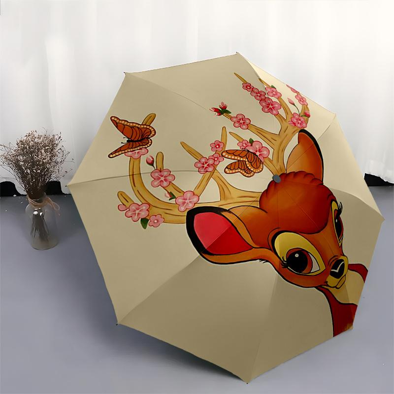 Bambi, Flowers Automatic Opening and Closing Umbrella - 8 Ribs Portable Folding Umbrella with Plastic Handle, Suitable for Leisure and Hallo