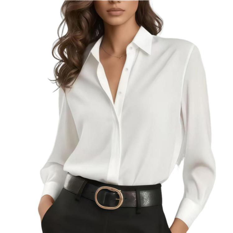 Modische Langarm Satin Freizeit Einfarbig Qualität Damen Bluse Farbe