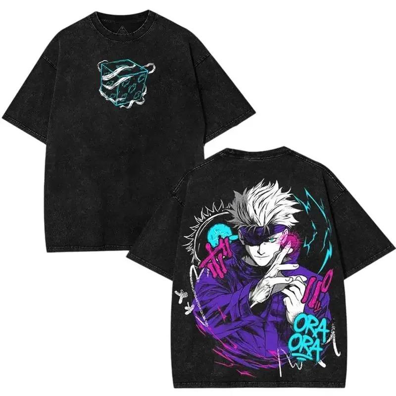 Jujutsu Kaisen Anime Gojo Satoru Graphic Print Tshirt Cotton Women Men Vintage Washed Harajuku Tees Loose Casual Oversized Tops