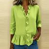 Women Solid Color Ruffle Trim V Neck Three Quarter Sleeve Casual Blouse Shirt