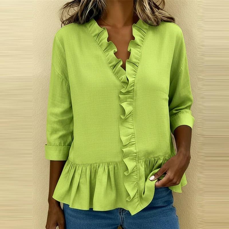 Women Solid Color Ruffle Trim V Neck Three Quarter Sleeve Casual Blouse Shirt