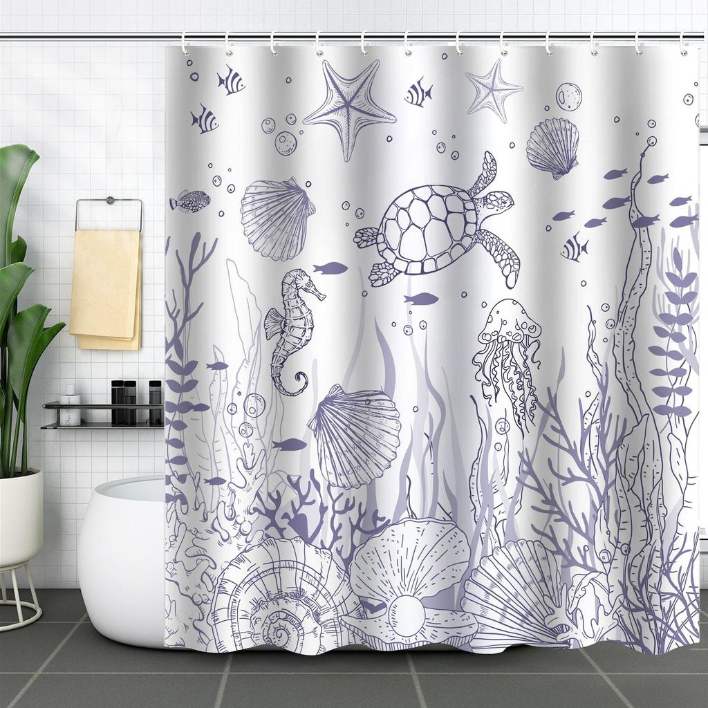Shower Curtain Waterproof And Mildew-Proof Digital Printing Starfish Shell Shower Curtain Bathroom Partition Curtain Free Punching