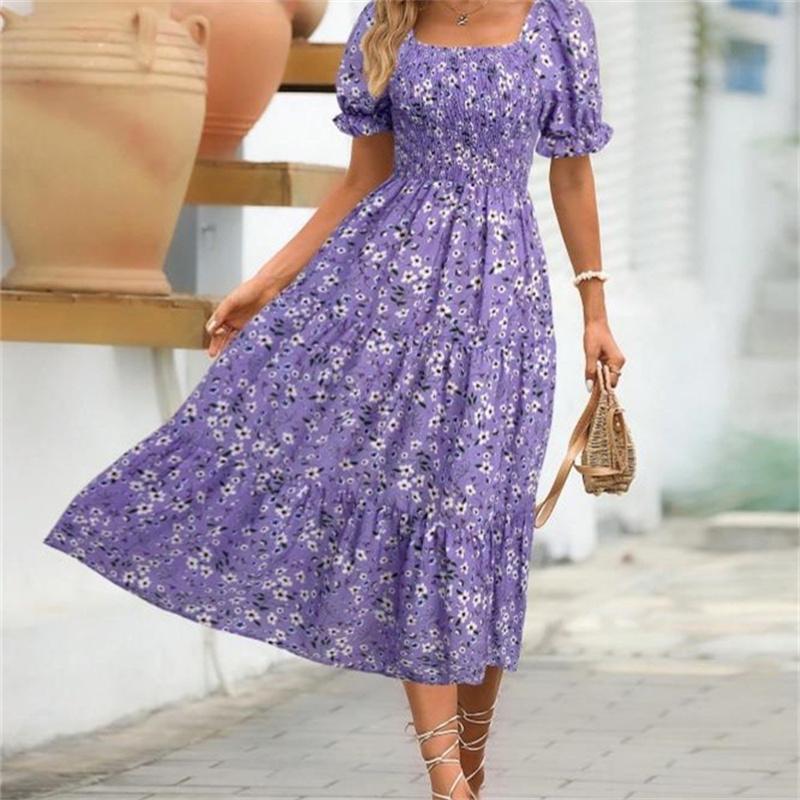 Women's Square Collar Waist Printed Dress S-XXXL