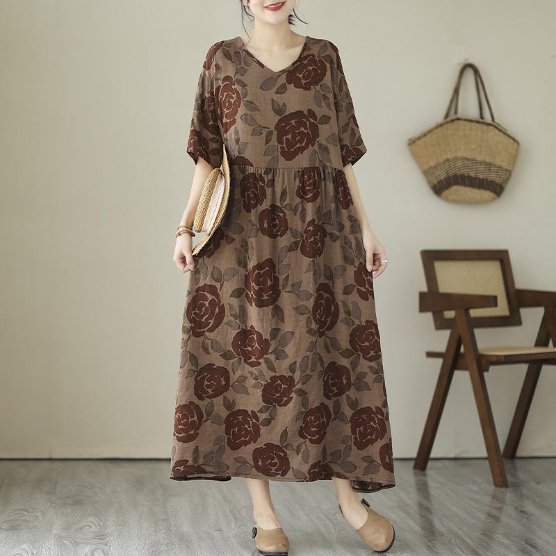 

DIMANAF 2024, летнее длинное платье больших размеров, пляжное женское свободное платье с цветочным принтом, винтажное элегантное женское платье с принтом One Size коричневый