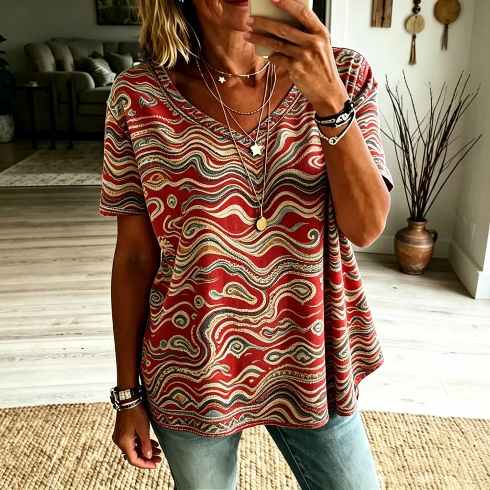 Women Boho Paisley Print Blouse V‑Neck Short Sleeve Ethnic Retro Loose Plus Size Casual Summer Tunic Top