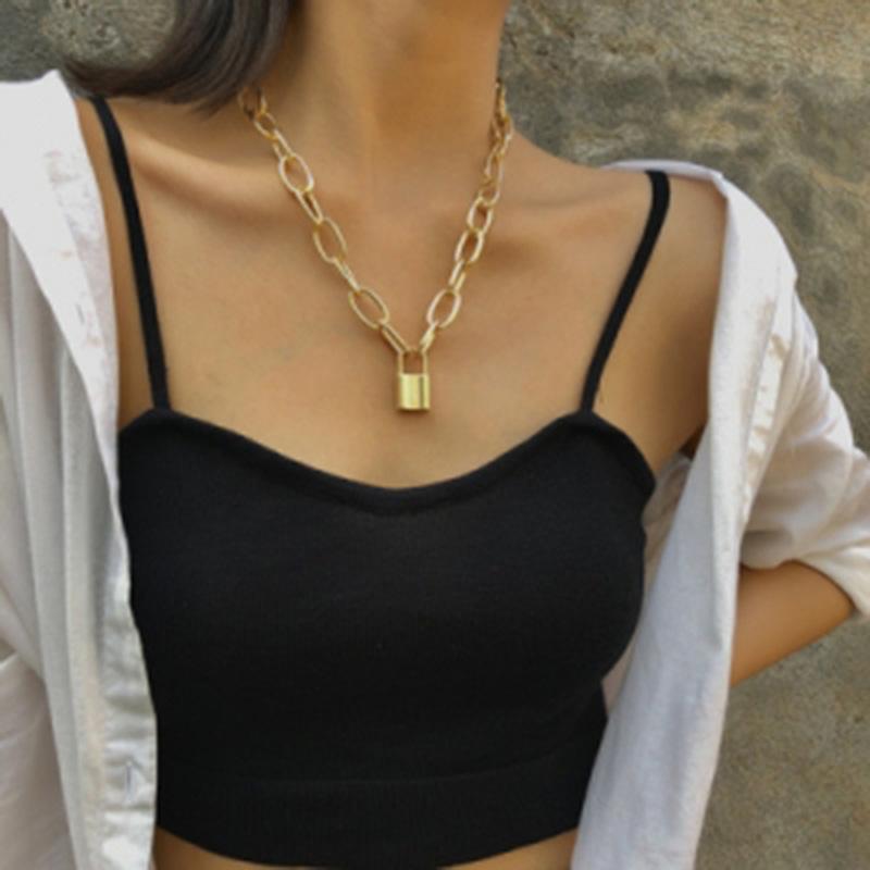 Simple Metal Lock Pendants Punk Necklaces for Women Gold Hollow Pendant Chain Personality Gothic Neck Jewelry