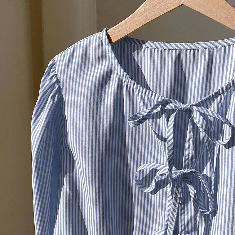 Long-sleeved Round Neck Solid Color Shirt Tether Versatile Striped Shirt Autumn New Top for Women