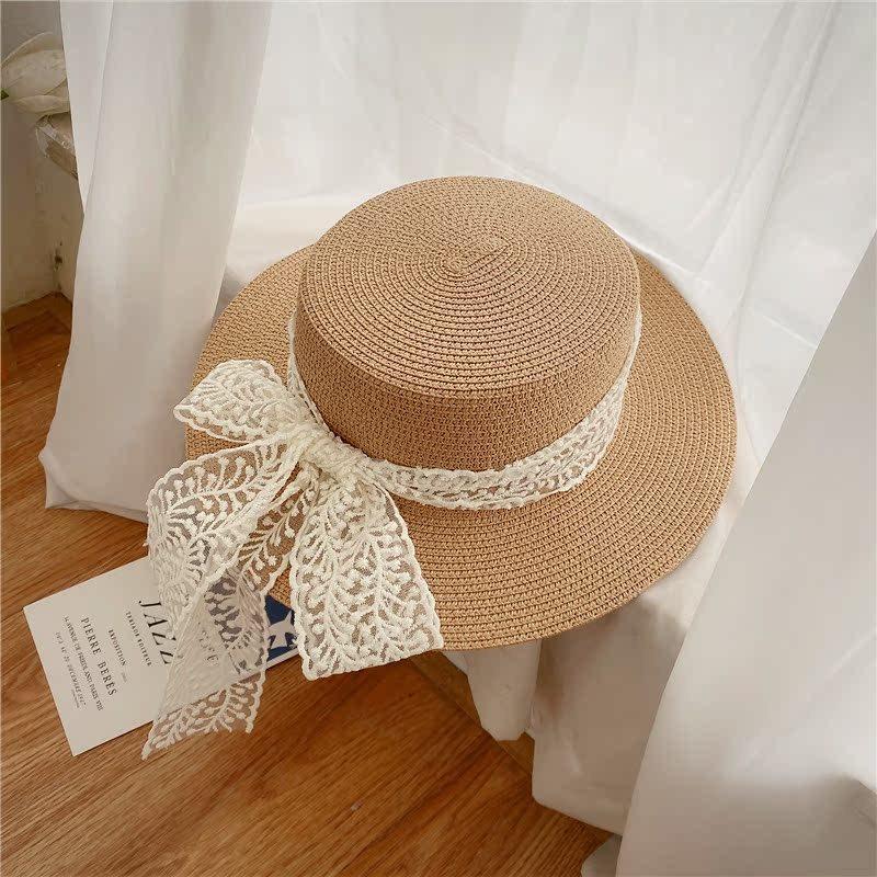 2025 summer sun hat French flat top straw hat women's seaside beach sun protection woven hat