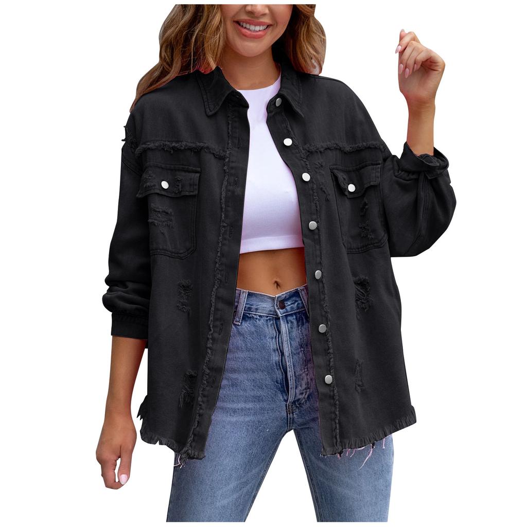 Womens Denim Jacket Button Down Shirts Distressed Frayed Coat  With Pockets