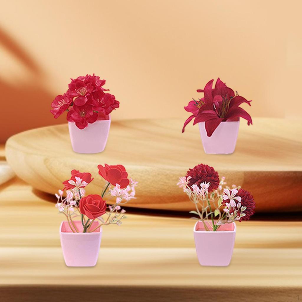 4 Pieces Artificial Flowers in Pot Fake Potted Plants Simulation Bonsai for Bathroom