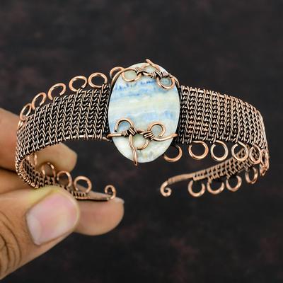 Blue Scheelite Copper Bangle Wire Wrapped Cuff Bracelet Adjustable Bangle Copper Wire Wrapped Jewelry Handmade Gemstone Bangle Gift For Her