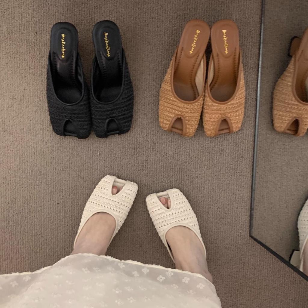 Late Evening Wind High Heel Niche Bohemian Boken Shoes Women's Outer Wear 2025 Summer Vacation Woven Coarse Heel Baotou Sandals