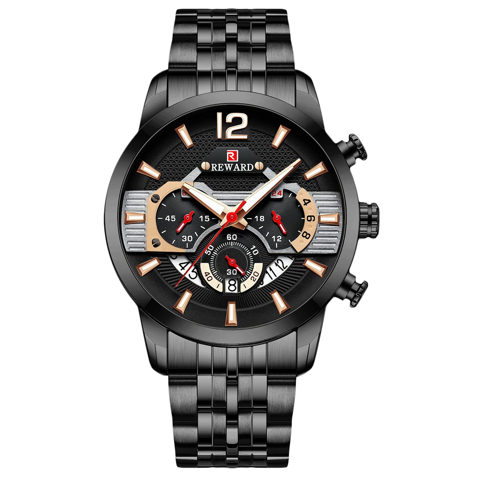 

RORIOS watch Waterproof Quartz Watch with Luminous Stainless Popular for and Business Black A Men s Calendar, Display, Multi-Function, Steel,