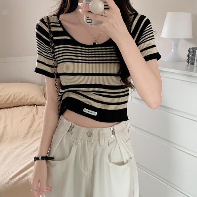 Summer Vintage Versatile Contrasting Striped Knitted Sweater for Women In Plus Size Loose Short Sleeved T-shirt