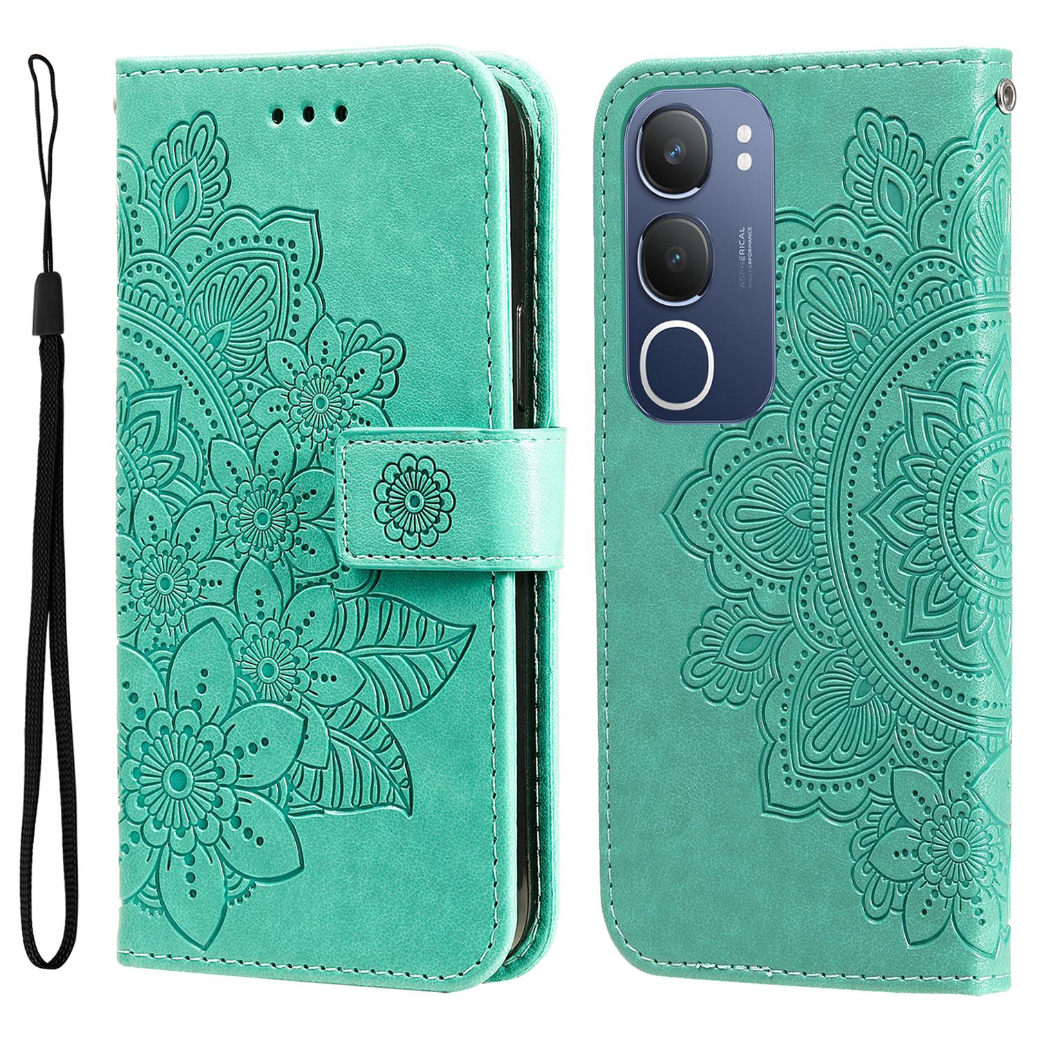 

For vivo Y29 5G/Y19s 4G Case Floral Pattern PU Leather Wallet Stand Phone Cover Green