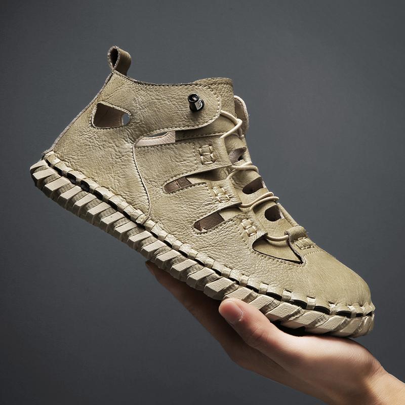 Fashion Summer Anti-collision Toe Men Sandals Casual Leather Roman Shoes Outdoor Man Beach Shoes High Top Ankle Boots Soft Summer Flats